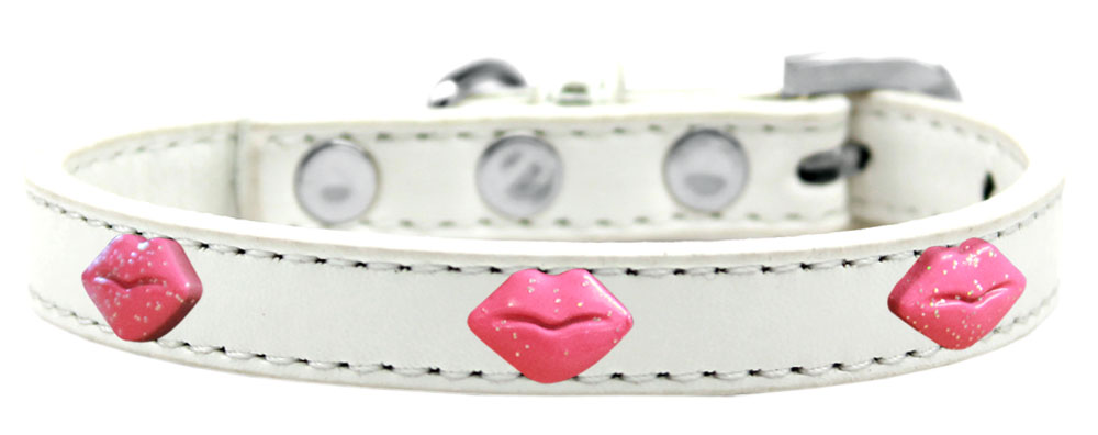 Pink Glitter Lips Widget Dog Collar White Size 12